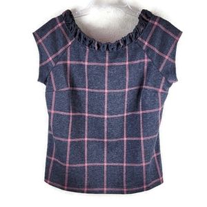 Larke‎ Shirt Women S Grey/Coral Windowpane Ruffle Neckline Cap Sleeve Top